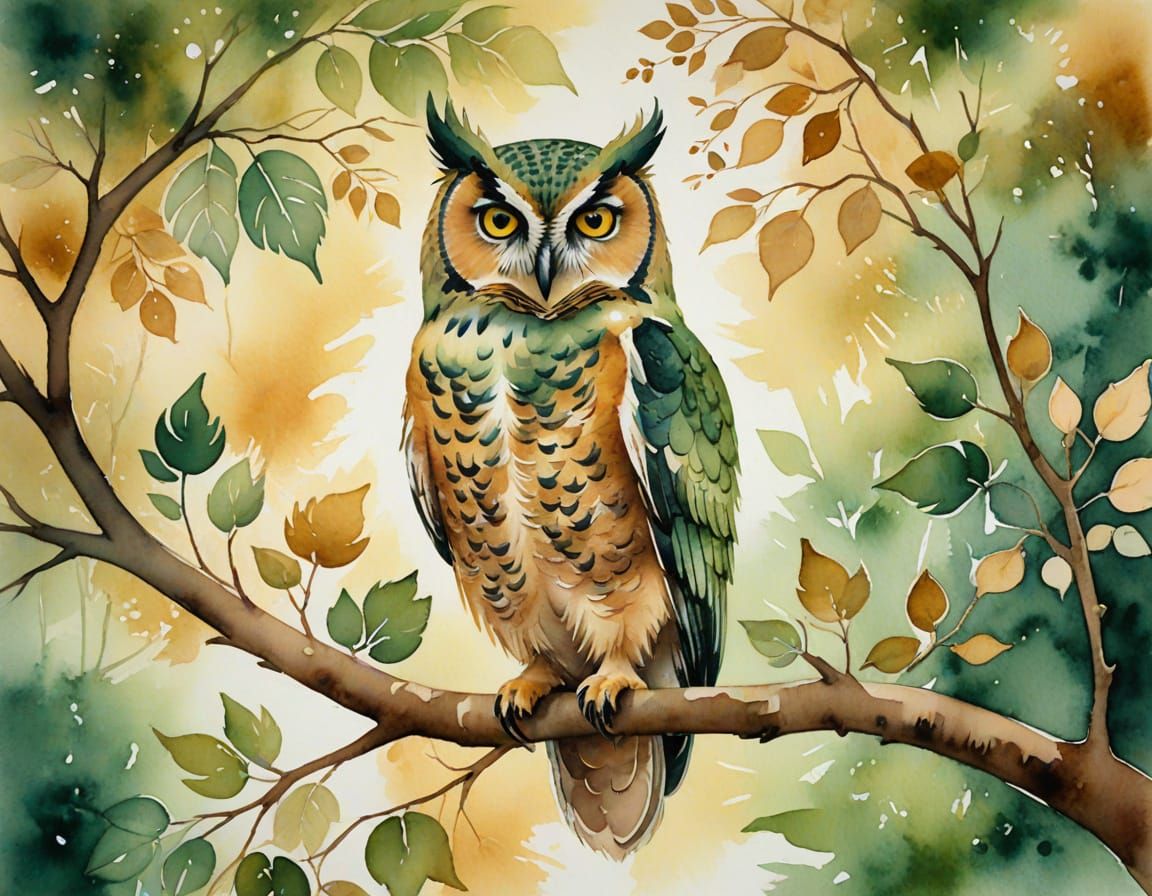 Watercolor Owl in Morning Glory