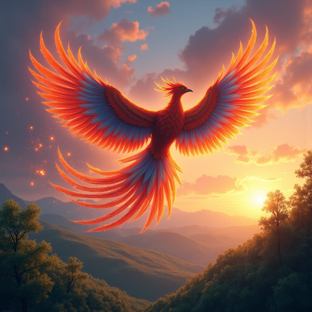Rainbow Phoenix Soaring Through Vibrant Sunset Sky