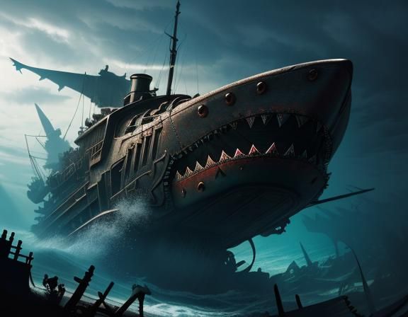 Giant Rusty Robot Shark Underwater Steampunk