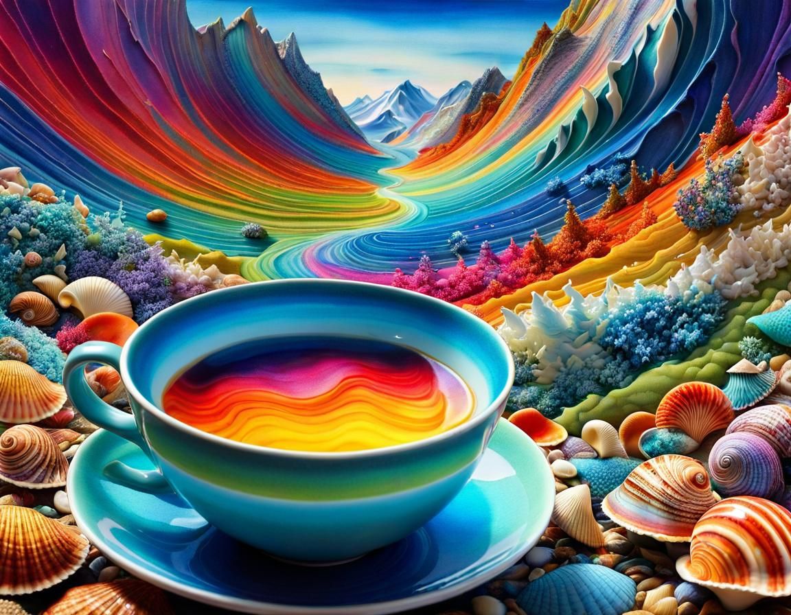 Surreal Teacup Mountainscape: A Tiny Watercolor World