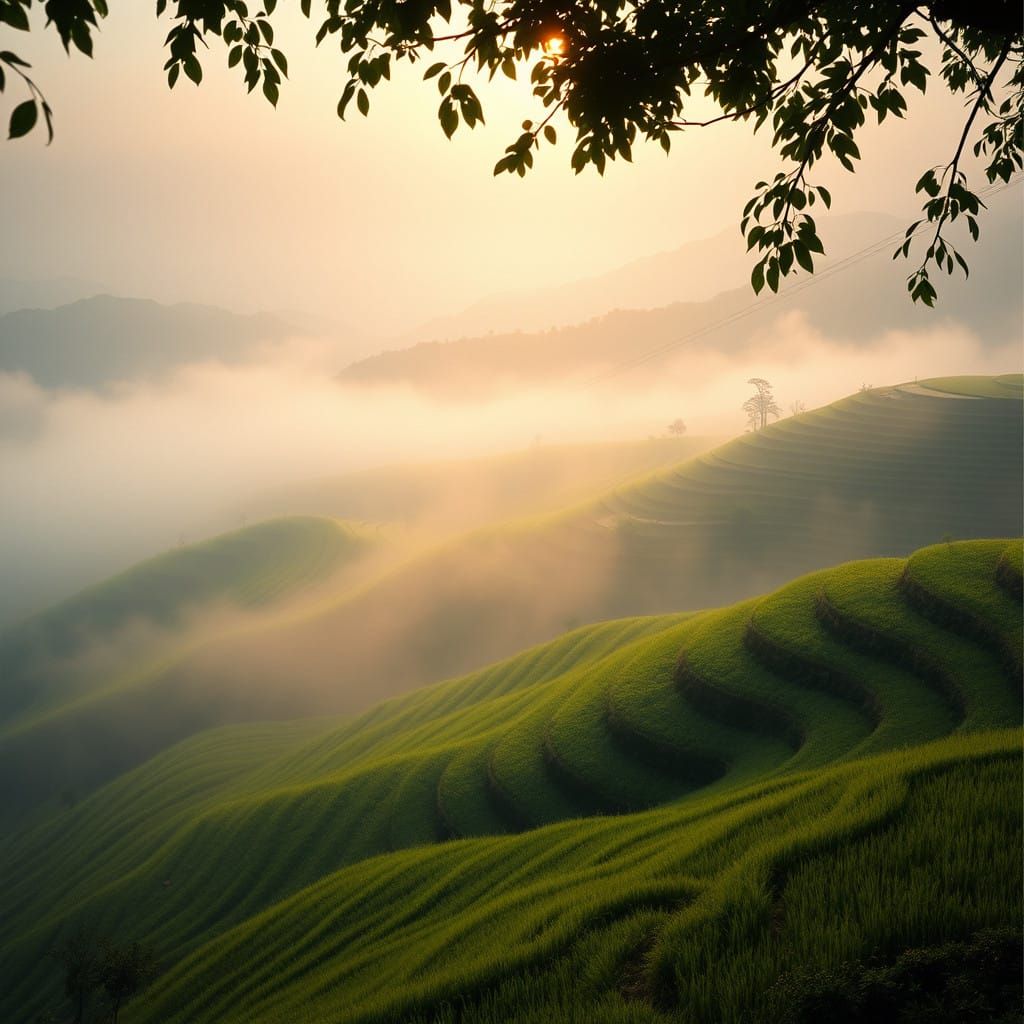 Rolling Rice Terraces in Golden Morning Haze