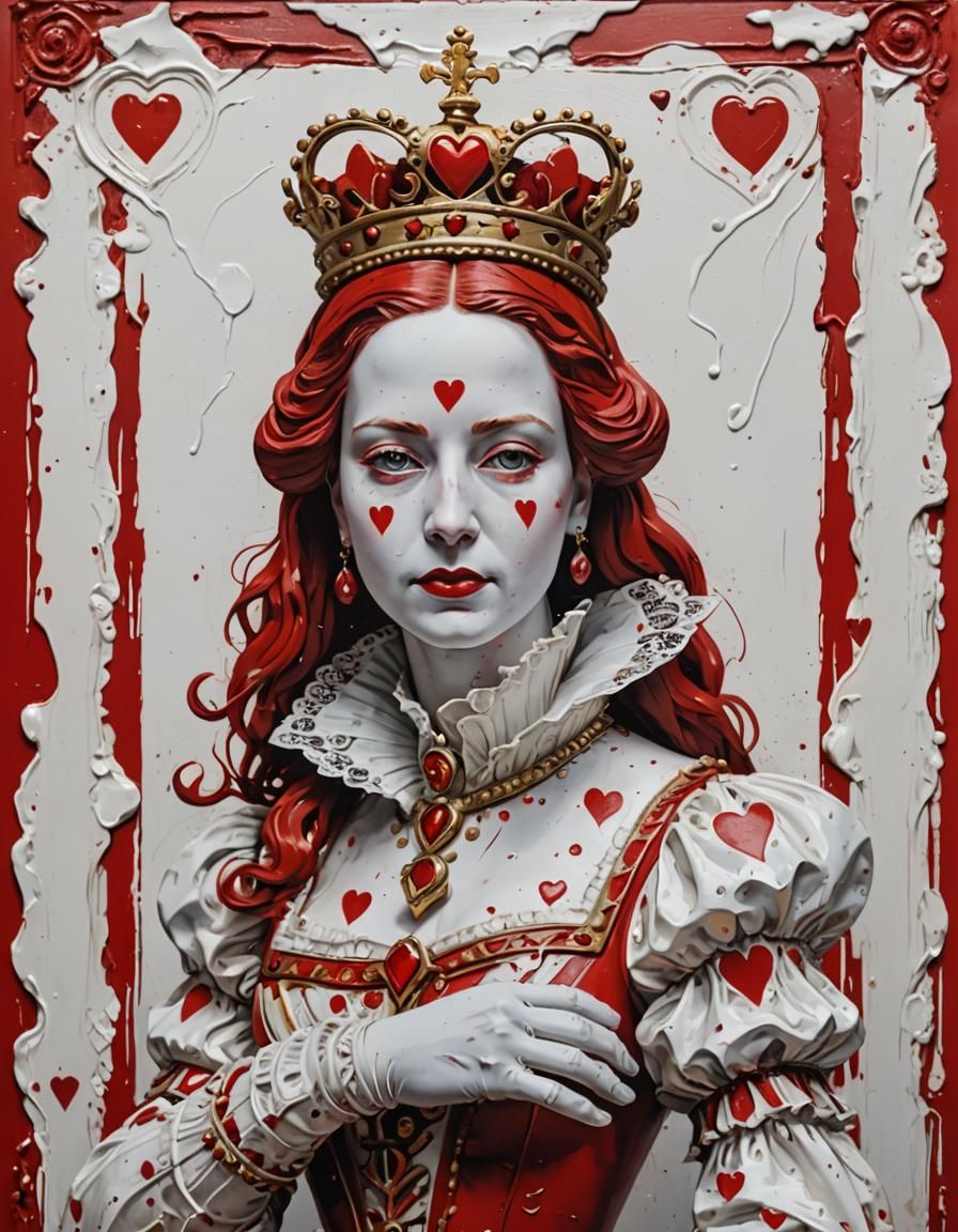Queen of Hearts Portrait in Poured Paint Style