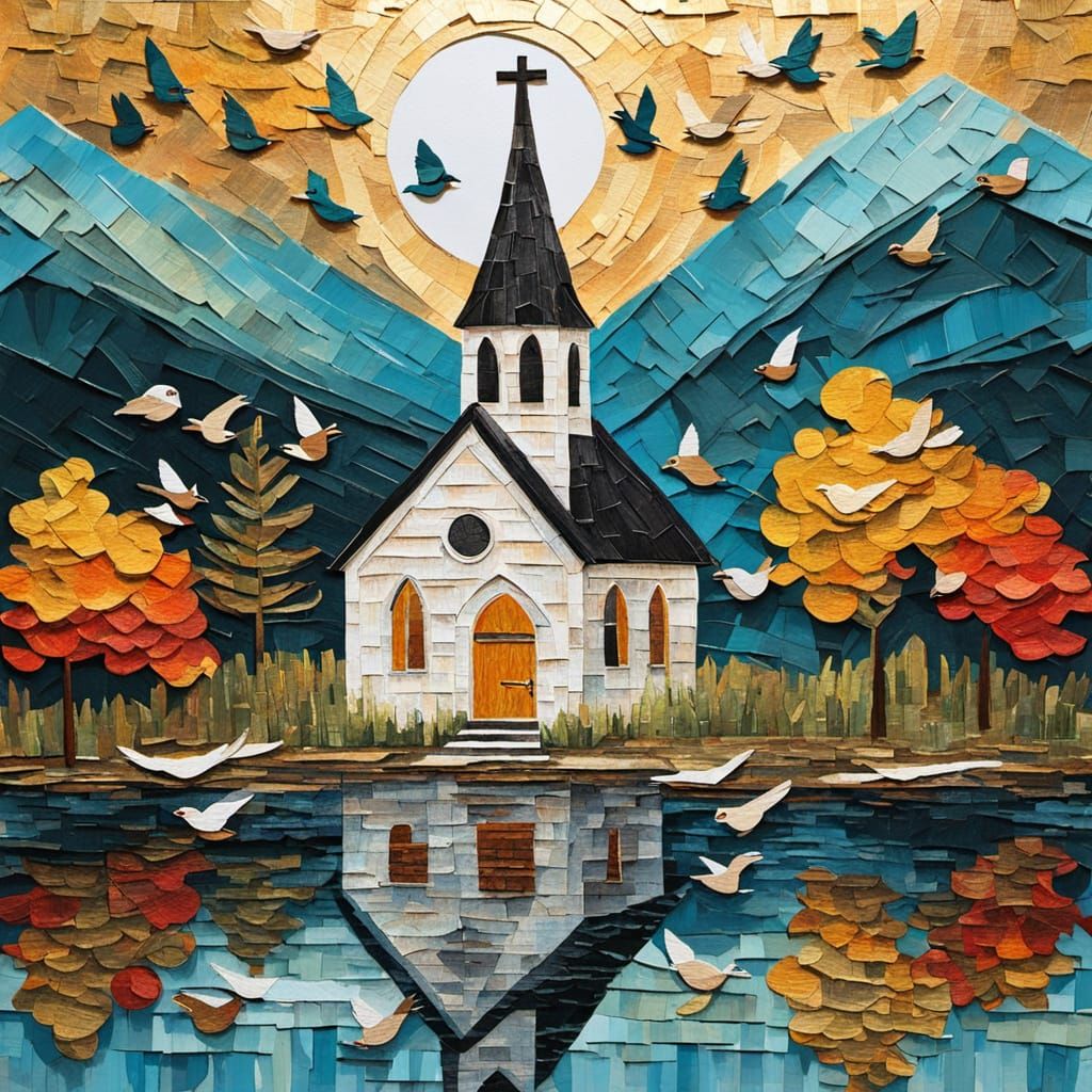 Chapel by Lake Collage in Vibrant Acrylic Impasto Style