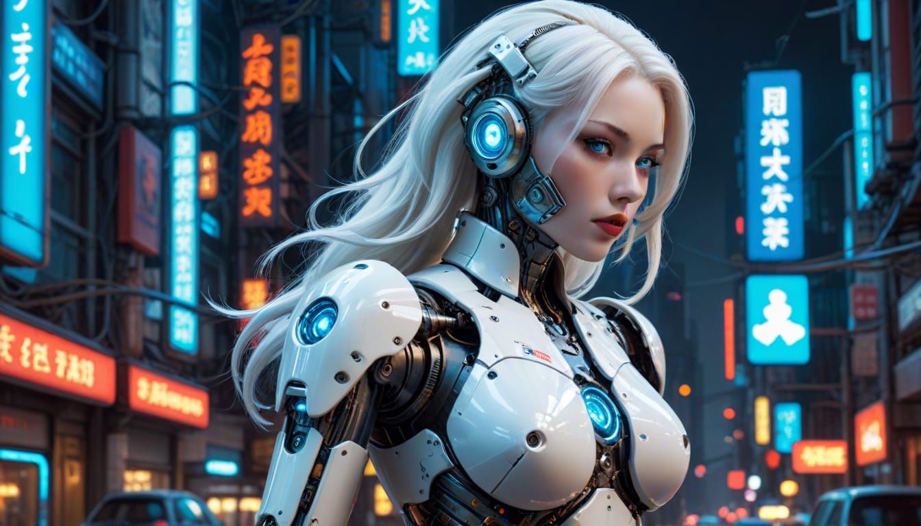 Japanese Android Pin-Up in Cyberpunk Style