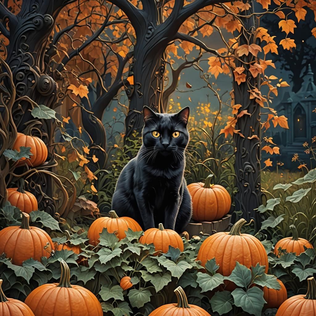 Black Cat and Intricate Pumpkin in Autumn Garden