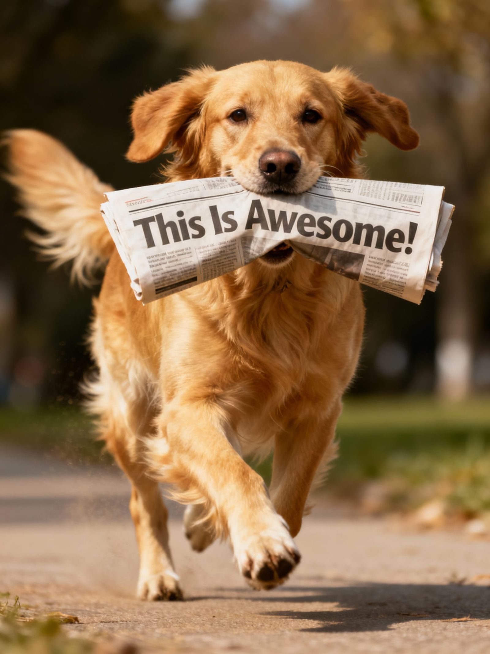 Adorable Dog Runs With 'Awesome!' Newspaper, Photorealistic