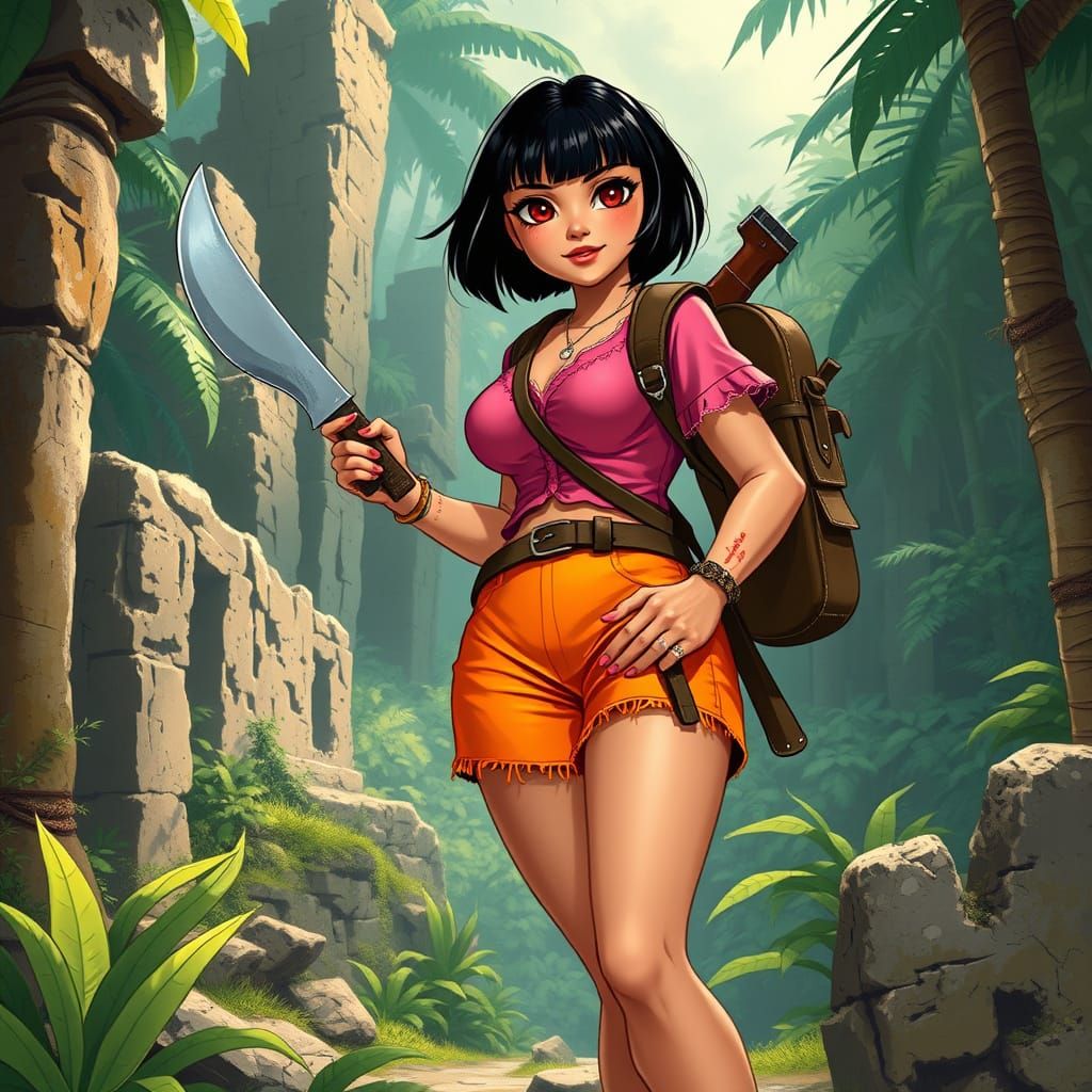 Latina Jungle Explorer with Machete in Relaxed Posture