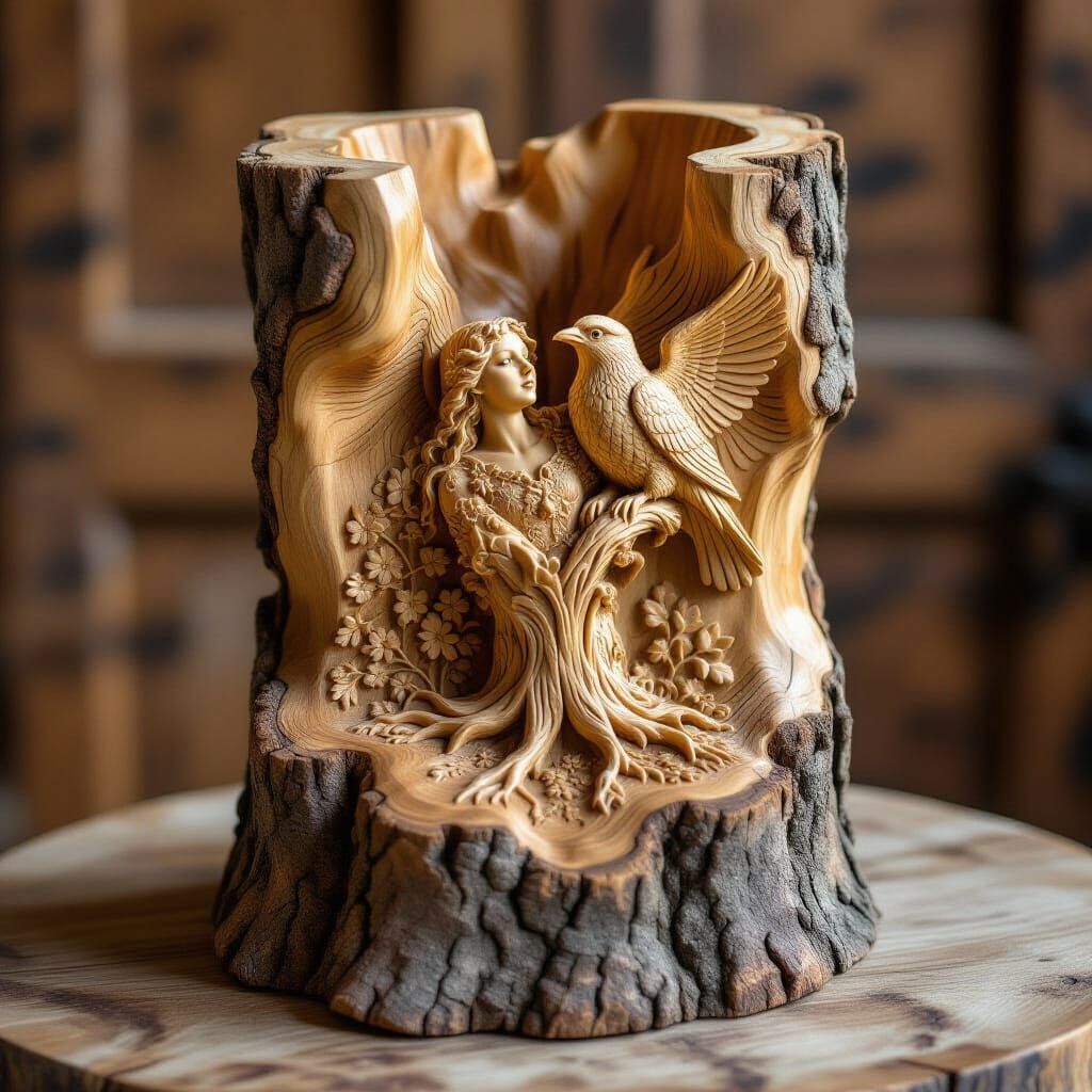 Detailed Italian Wood Art Tree Stump