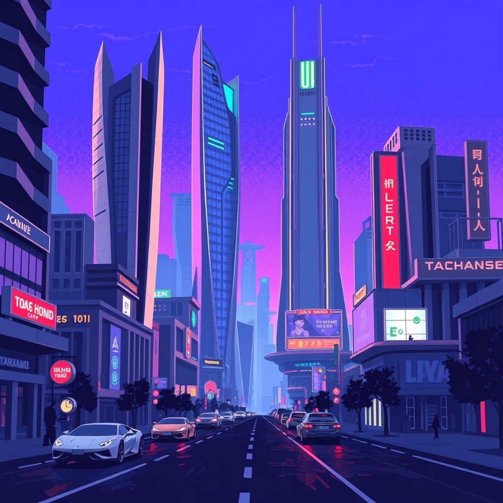 Futuristic City Street in 16-bit Pixel Art