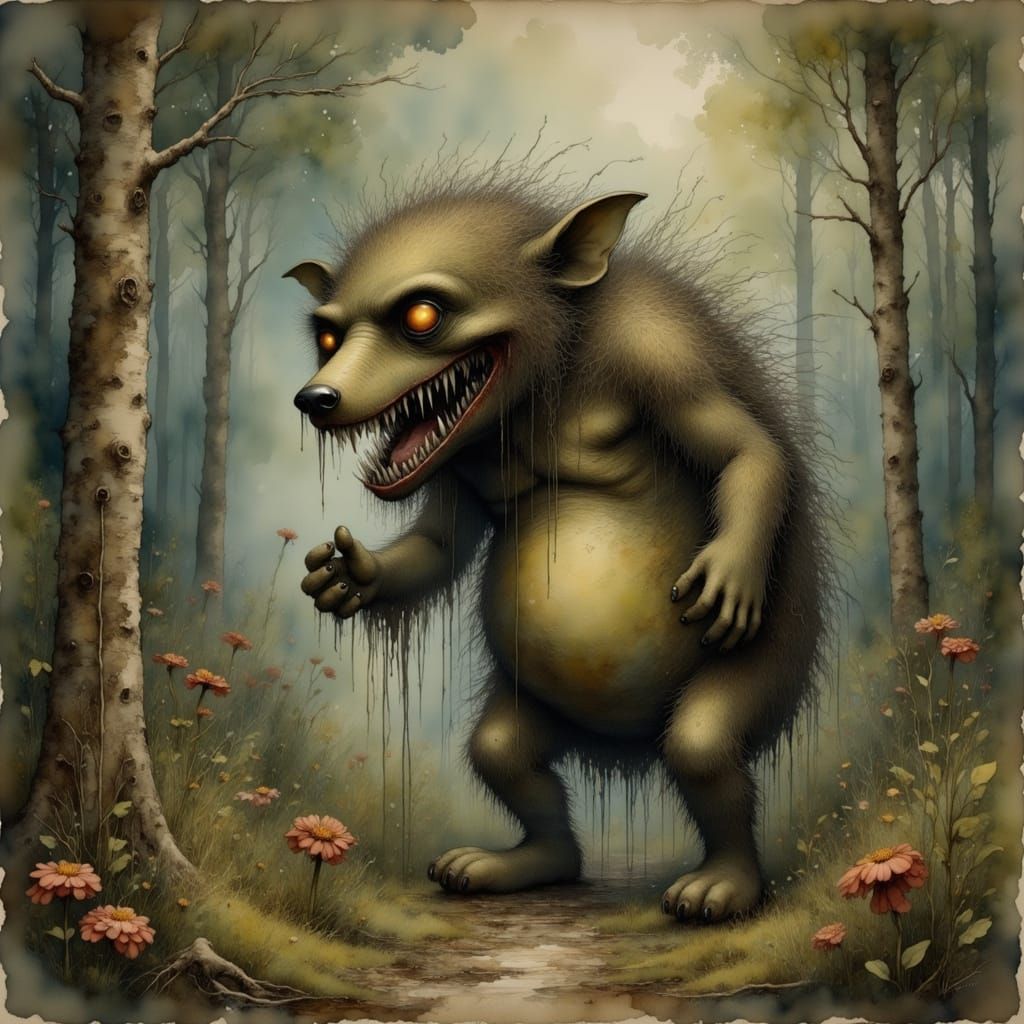 Dark Whimsy Monster Winnie the Pooh in Eerie Forest Landscap...
