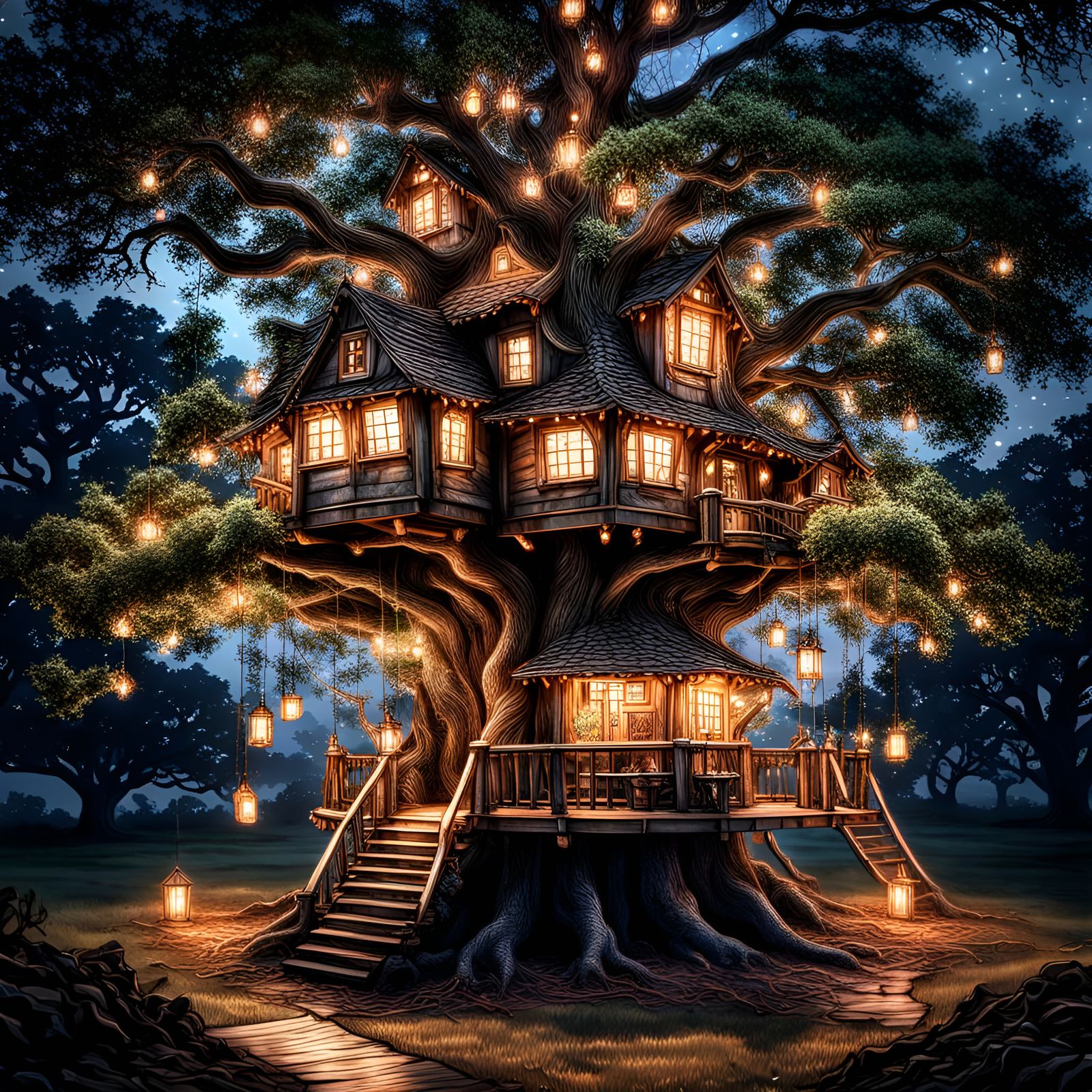 Hyperrealistic Treehouse in Giant Oak with Twinkling Lights