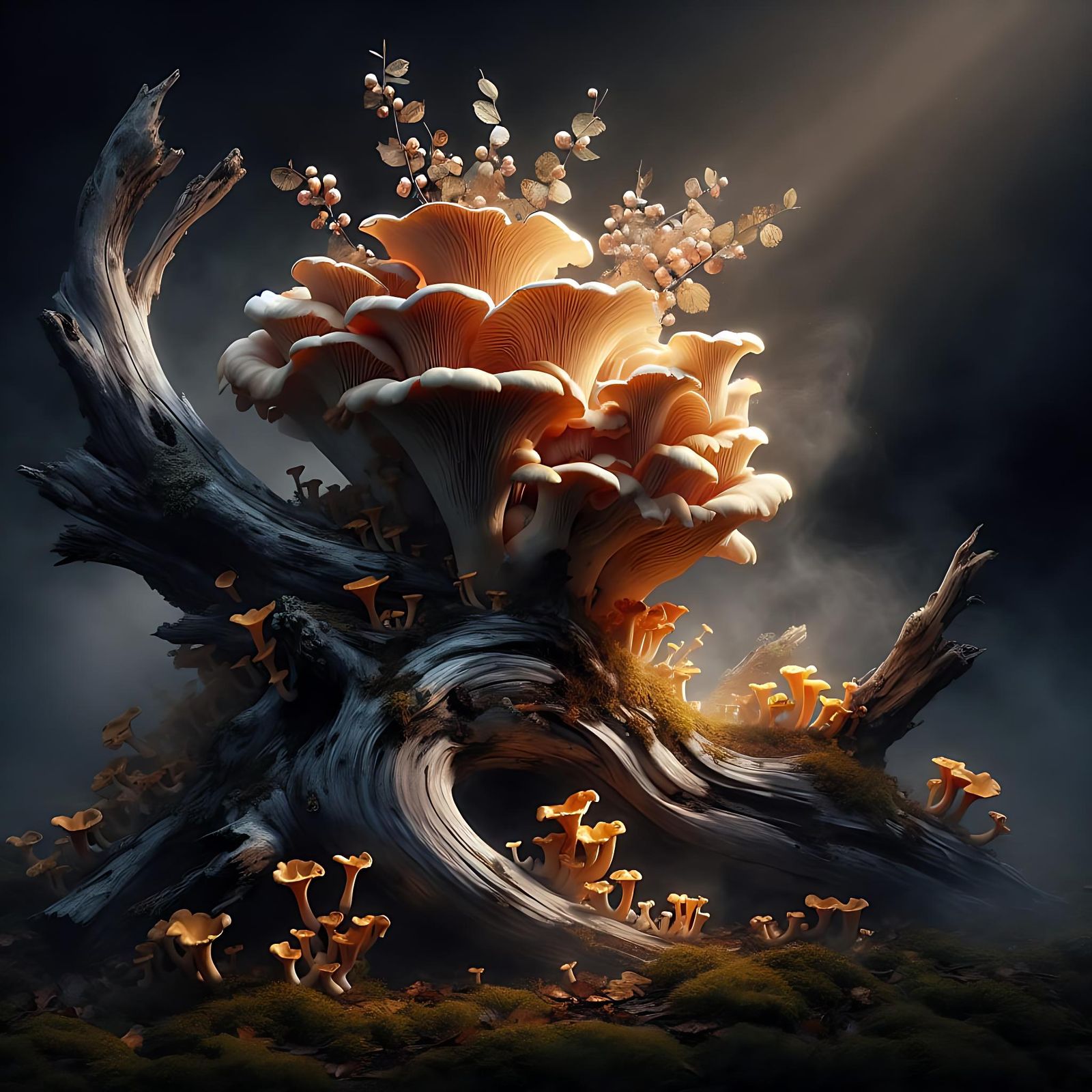 Majestic Chanterelle Emerges from Ancient Oak in Digital Art