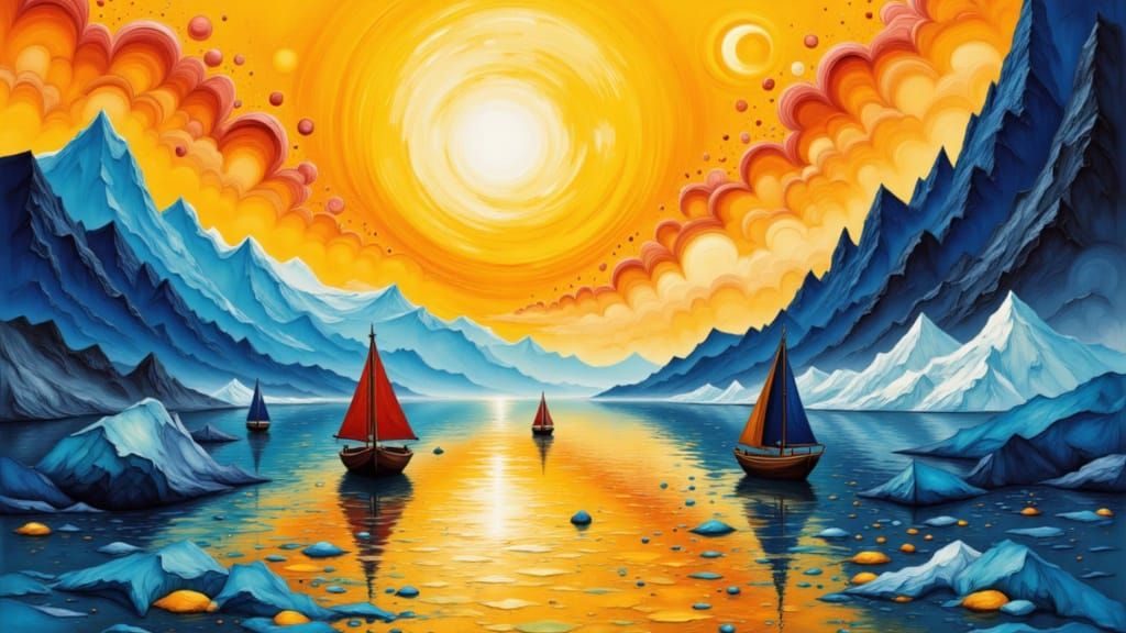 Boats Sail Through Golden Clouds Between Icy Peaks