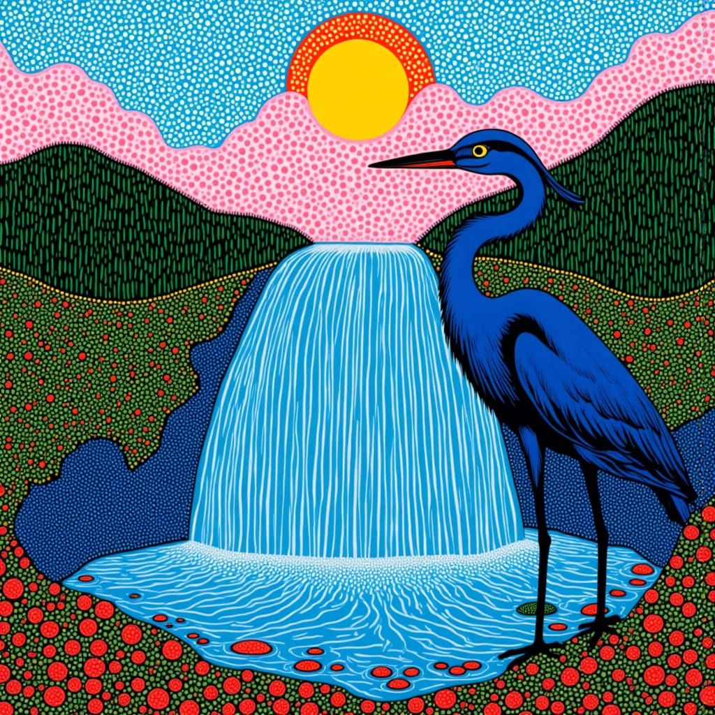 Blue Heron on Windy Mountain, Kusama Inspired