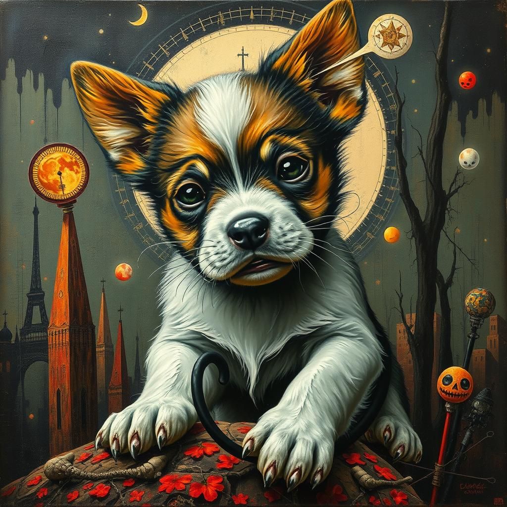 Dystopian Art Deco Puppy in Heavy Metal Style