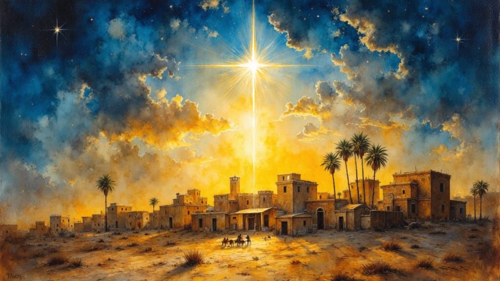 Bethlehem Under Guiding Star in Impasto Oil Painting