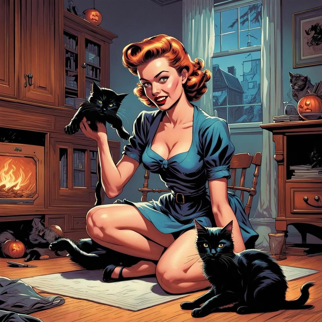 1950s Pinup Witch and Black Cat: Comic Book Art