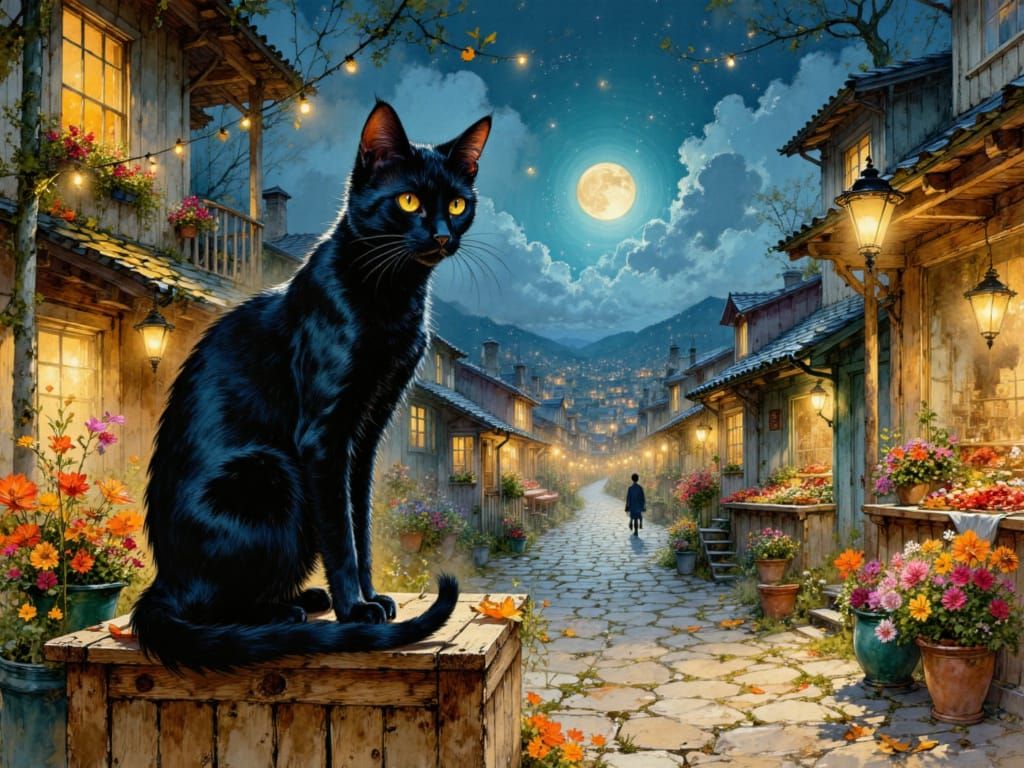Enchanting Black Cat in Moonlit Autumn Market