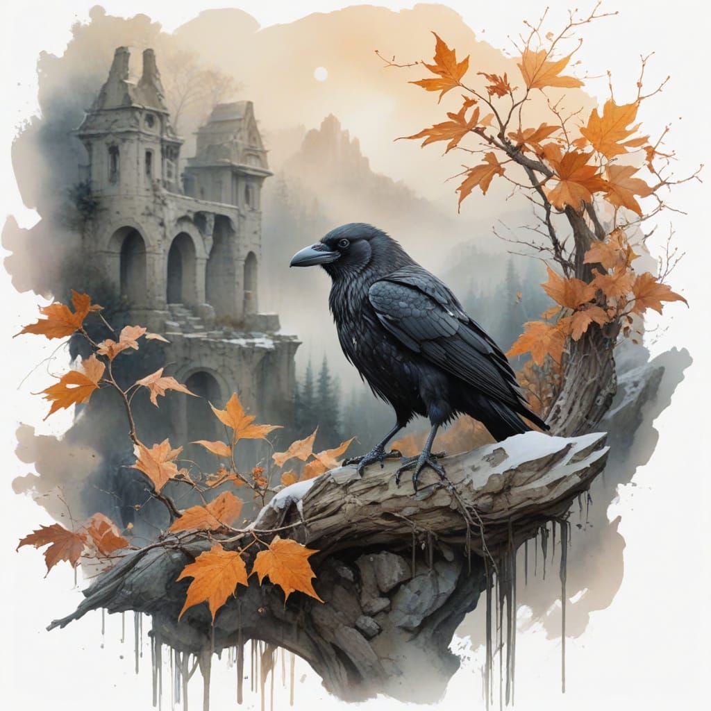 Mystical Raven atop Ancient Stone Arch in Winter Landscape