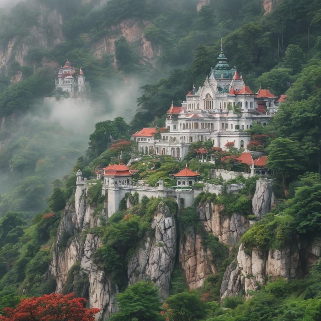 Majestic Palace on Mountain in Watercolor Style