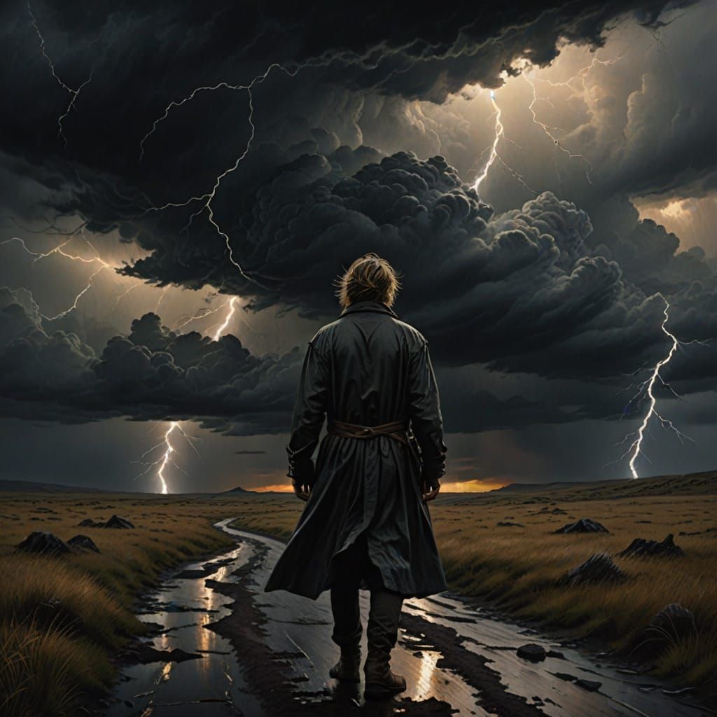 Dark Fantasy Figure in Stormy Landscape Oil Painting