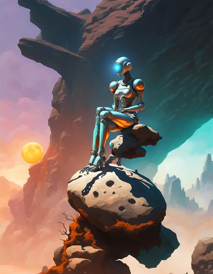 (Frank Frazetta 1.5) sad woman cyborg robot sits on a rock. Colorful landscape. Two moons. evolvedfrom H0rati0 picture.
