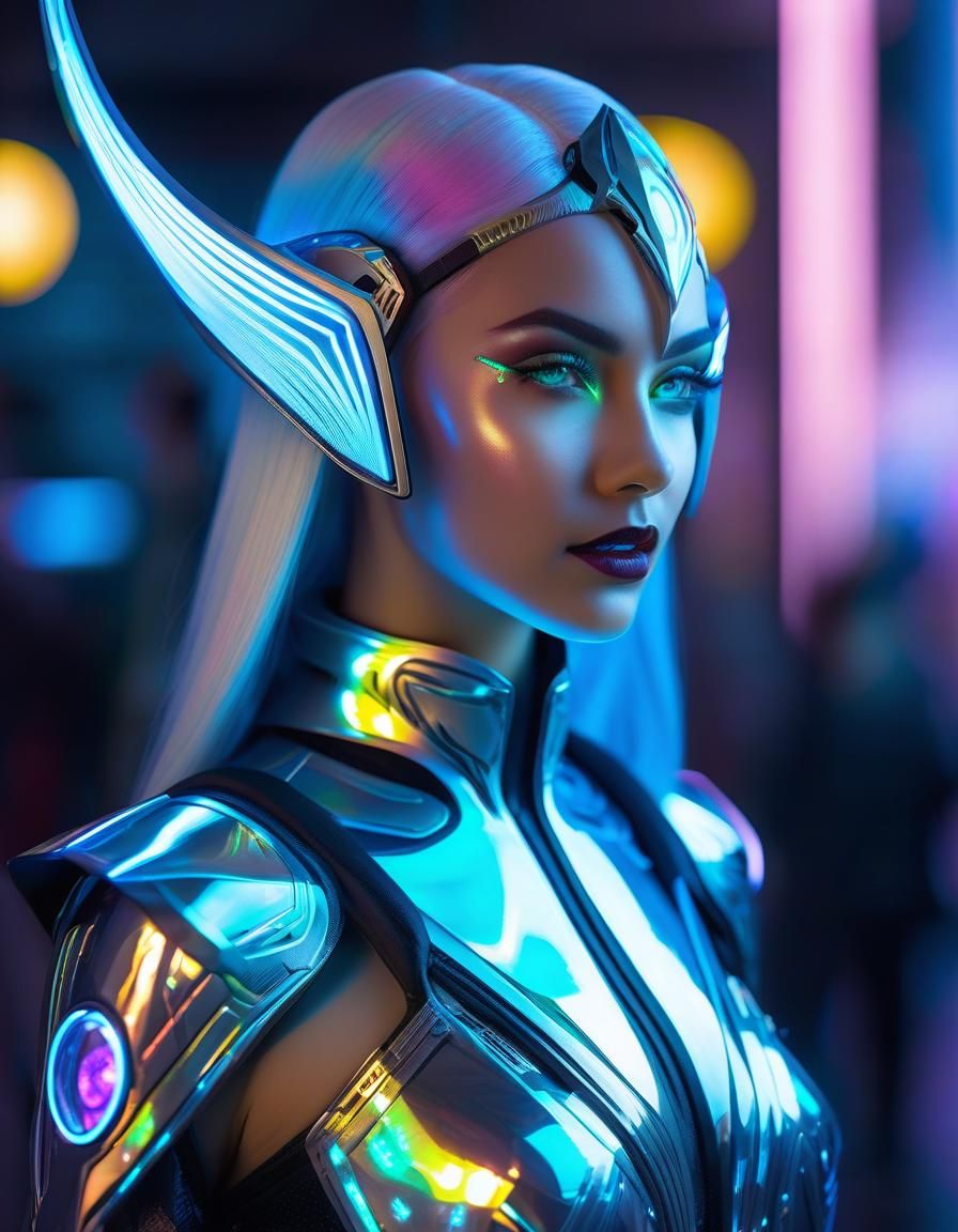 Holographic Cyberpunk Elf Android Girl in 8K