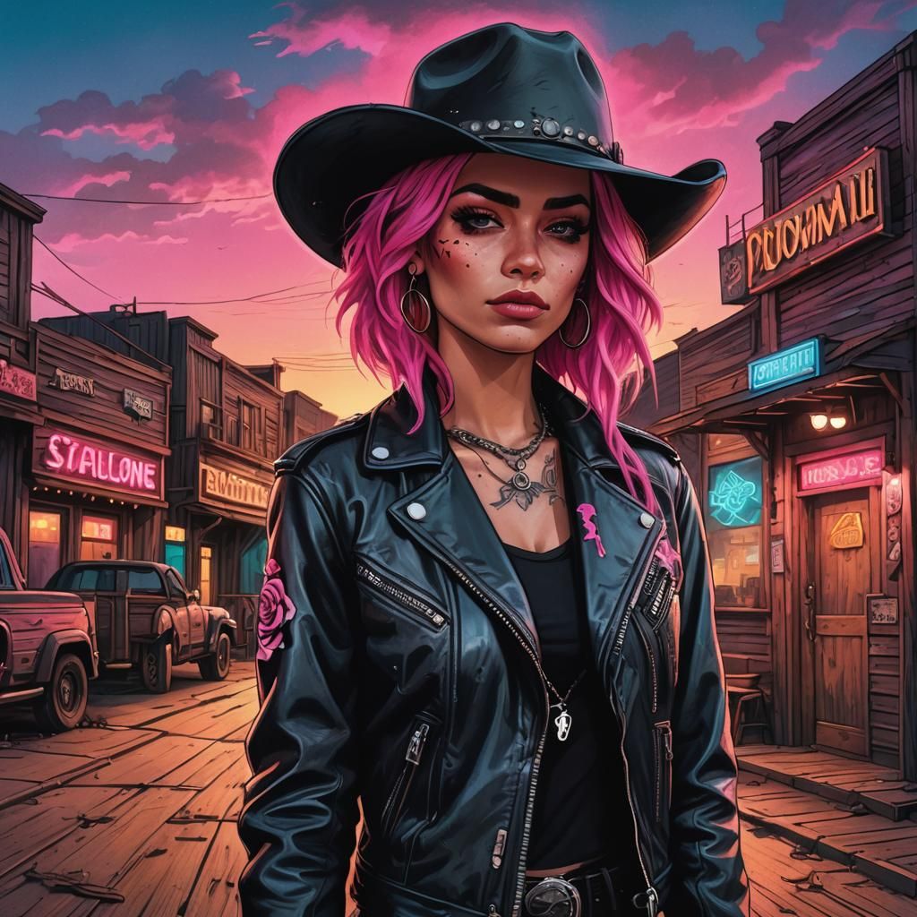 Westernpunk Woman with Neon Hair in Dusty Town