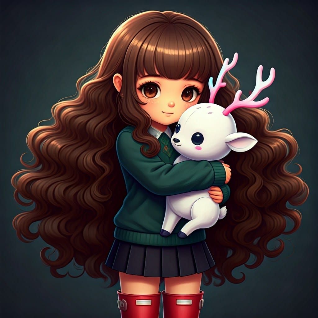 Cute Anime Girl Hugs Adorable Deer Plushie in 3D Art