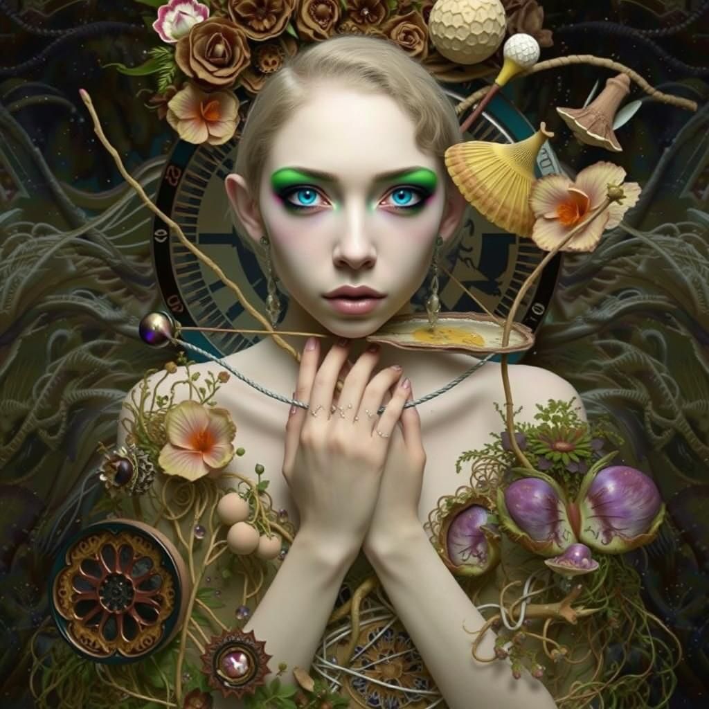 Clockwork Woman in Mycelium Network: Fashion Illustration