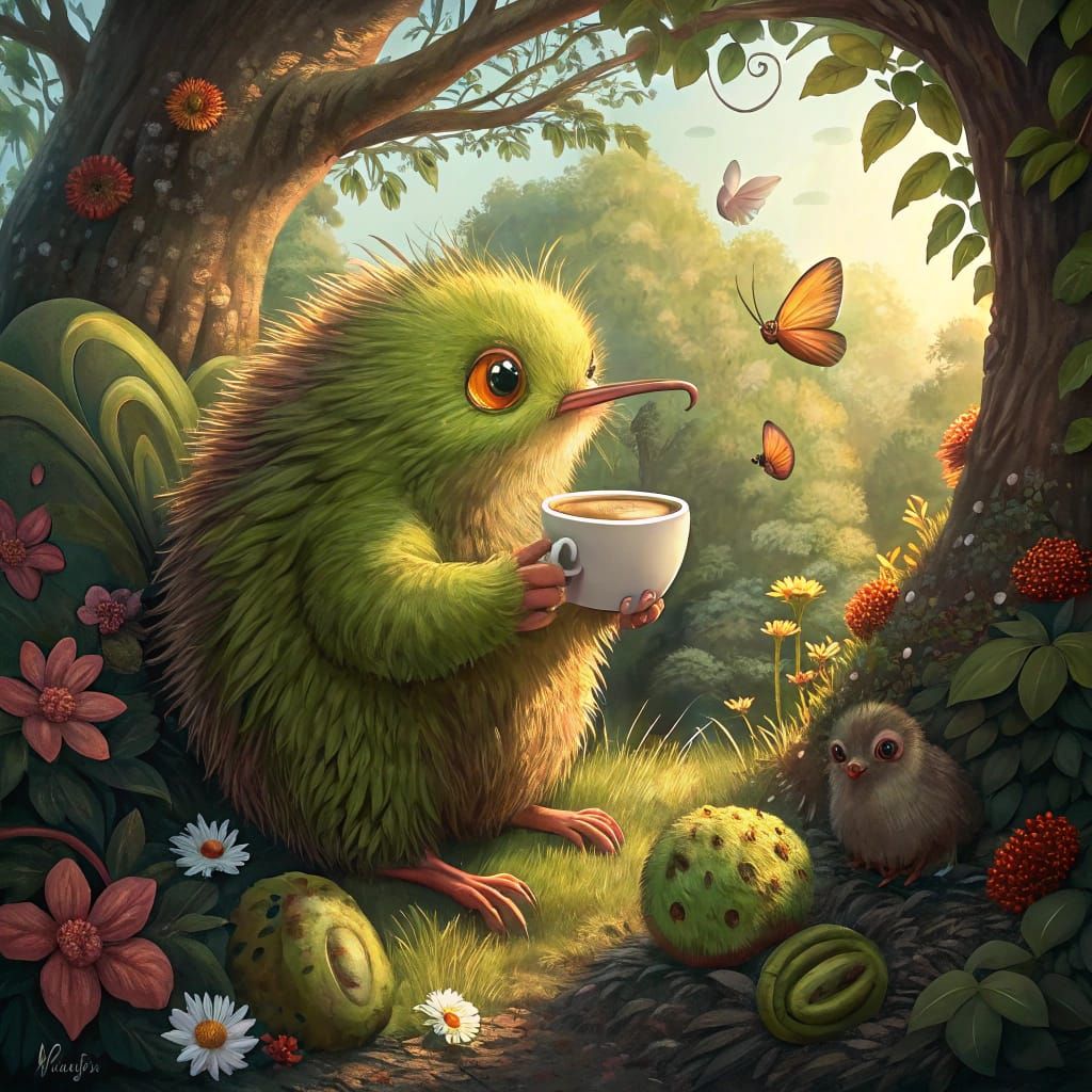 Kiwi Creature in Paradise: Liquid Oil Painting