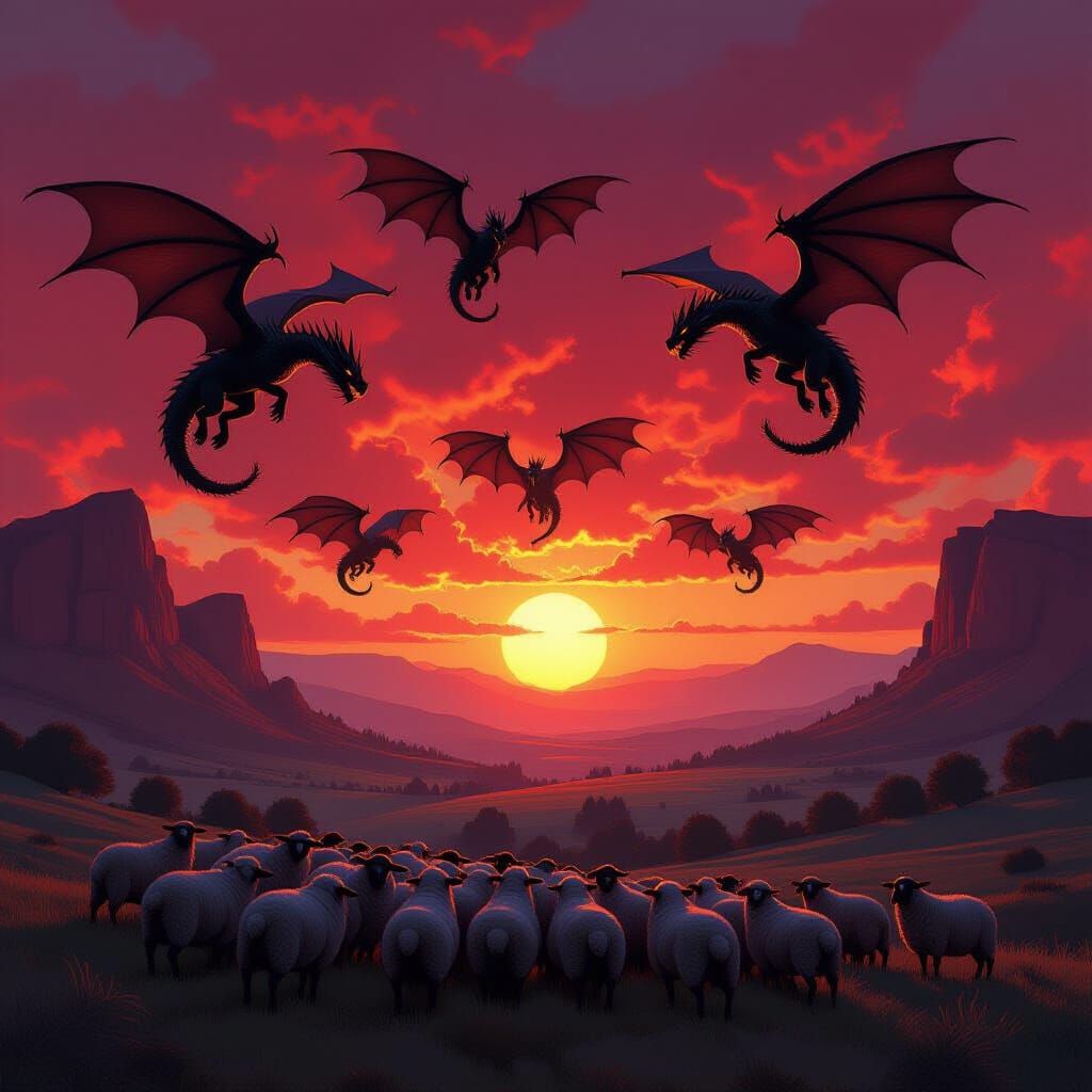 Obsidian Dragons Over Valley As Sun Sets