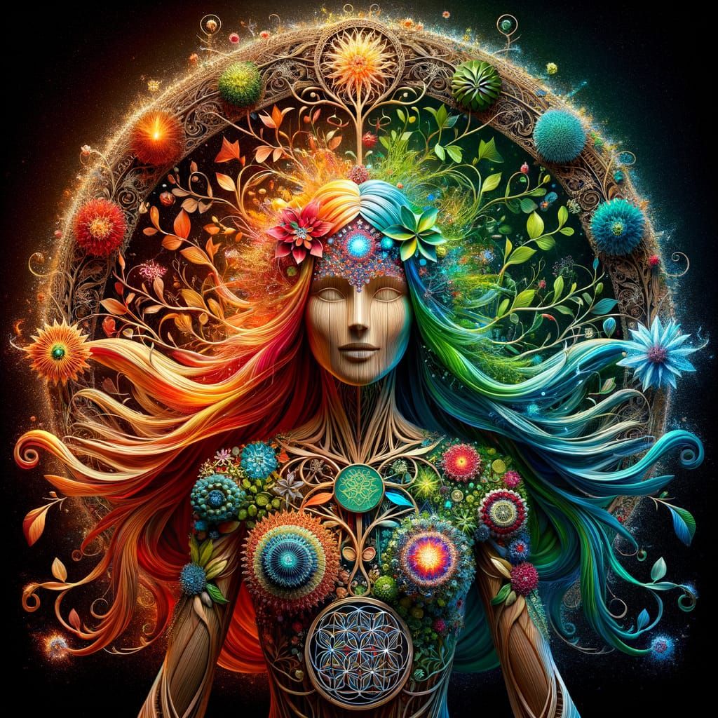 Mother Earth Figure with Elements and Floral Mandalas