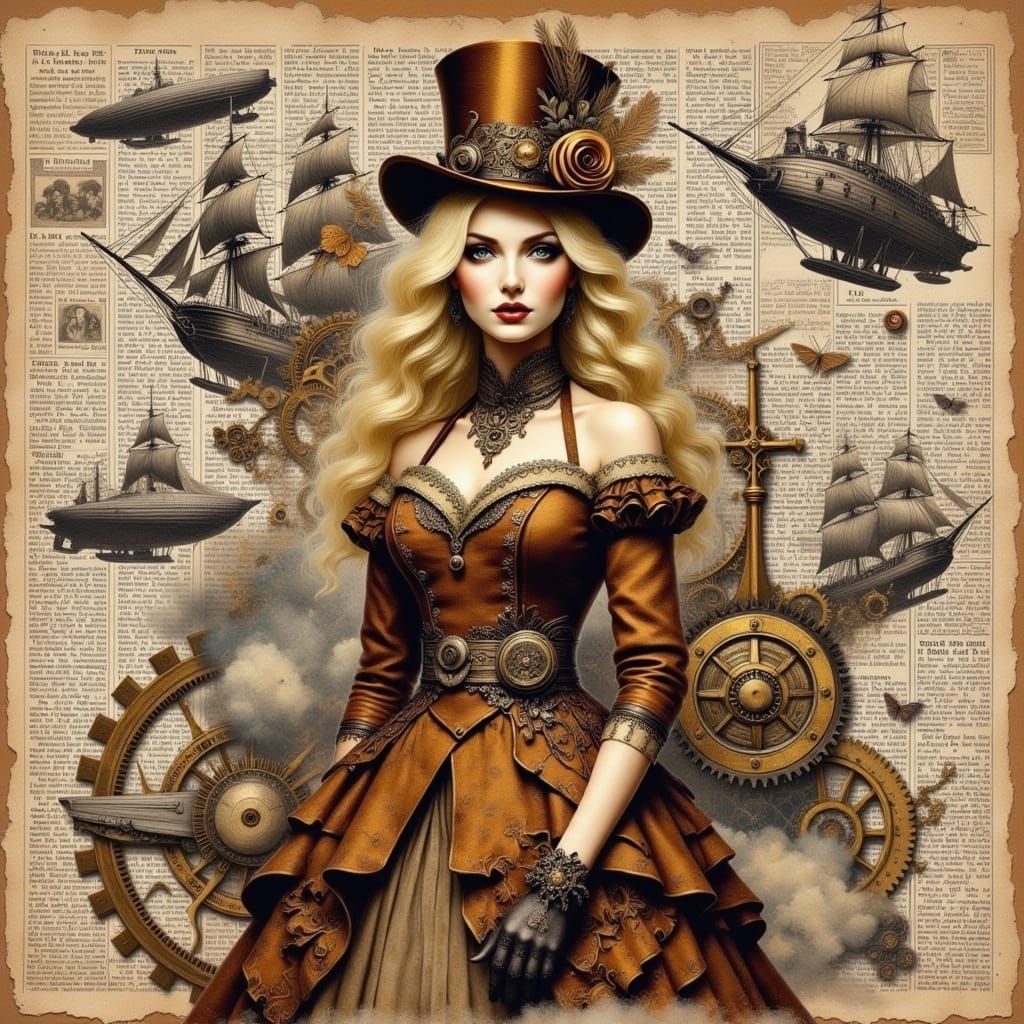 Steampunk Woman in Victorian Attire with Gears