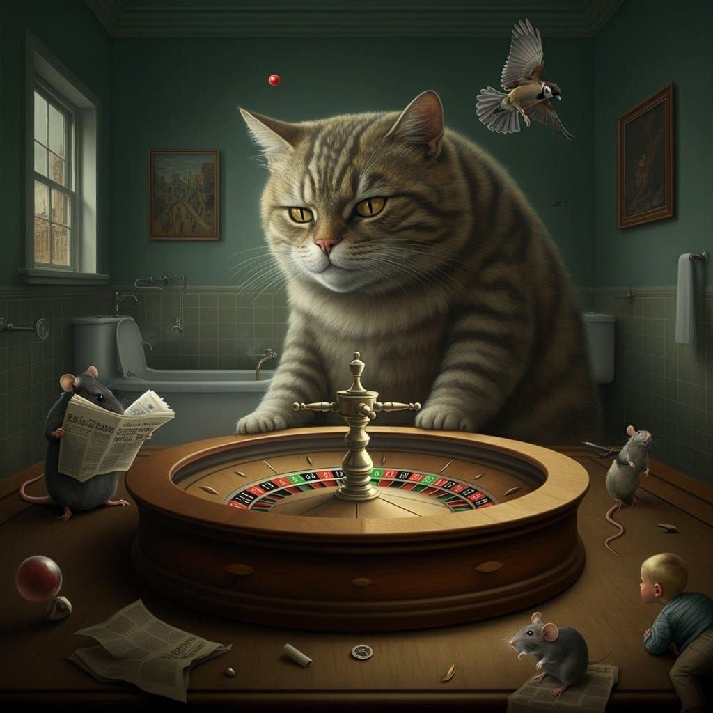 Surreal Roulette Scene with Cat in Dürer Style