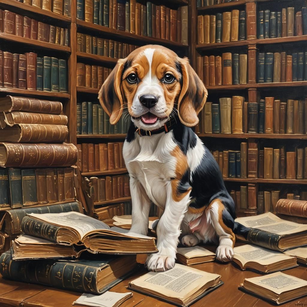Beagle Puppy's Literary Adventure: Oil Painting