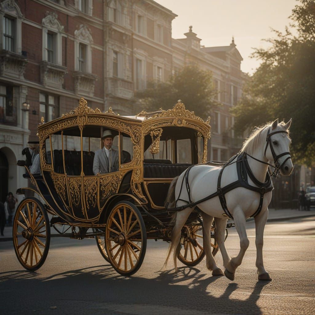 Regal Horse-Drawn Carriage in Golden Hour Glory