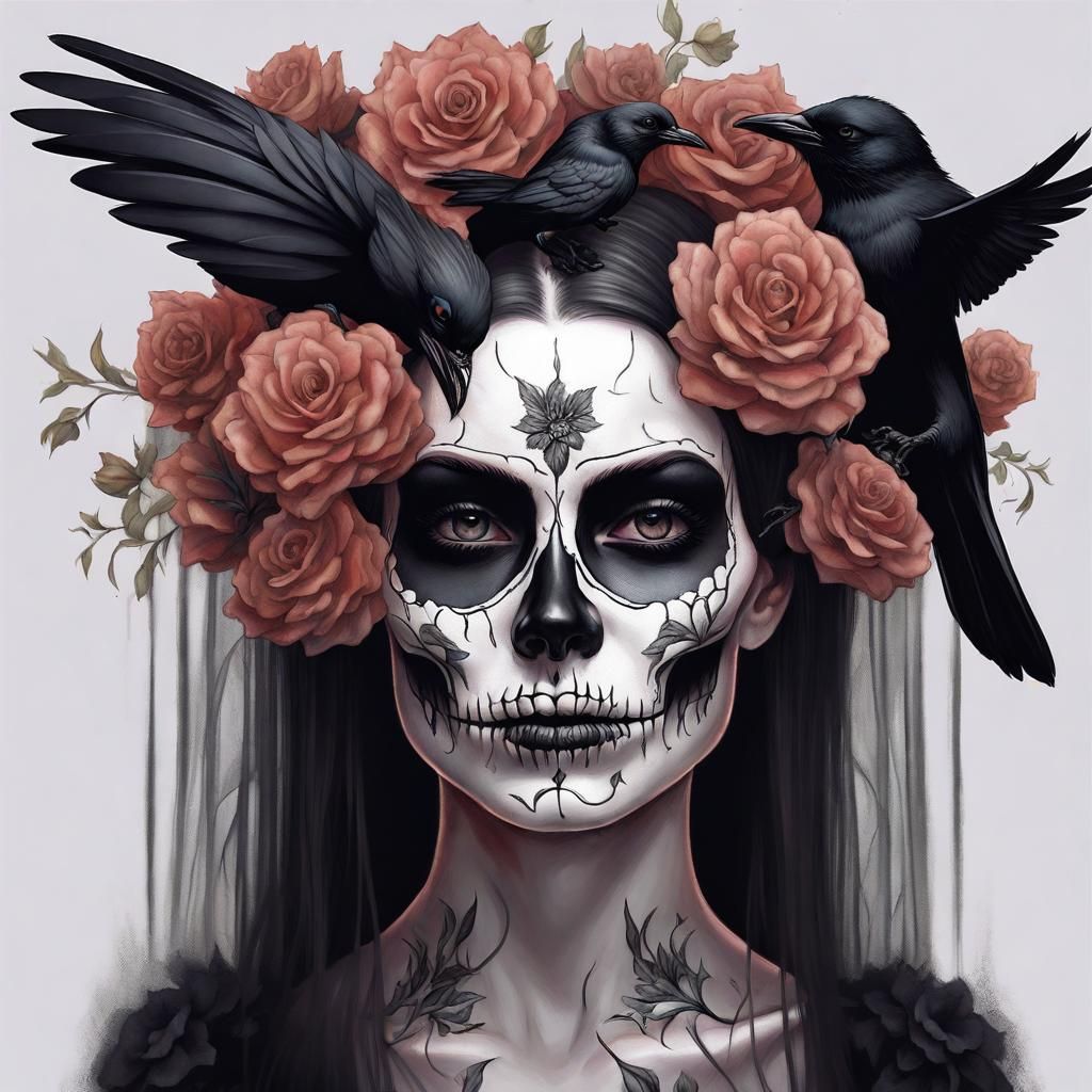Gothic Skull Art with Flowers and Crow