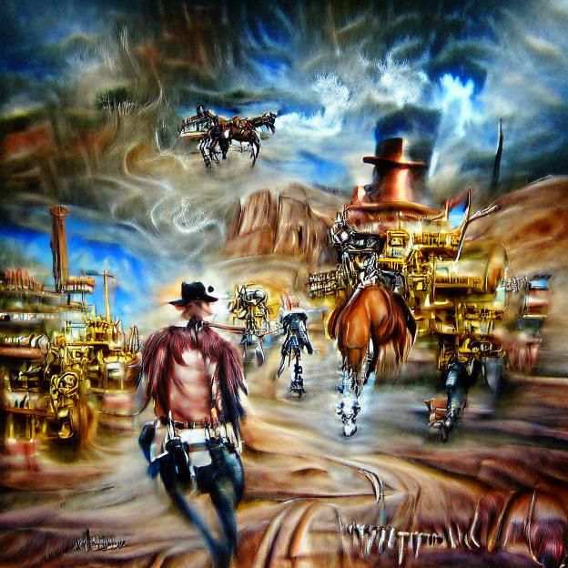 Steampunk Wild West: Robot Cowboys in Dystopian Oil Painting
