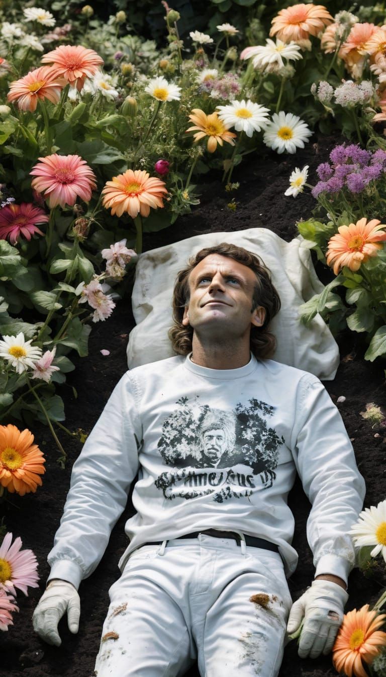 French President Macron as a Tattered Hippie in a Garden of...
