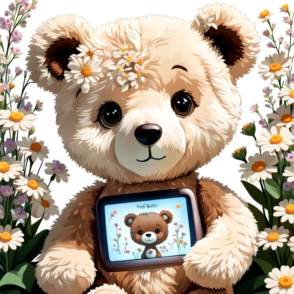 A soft, cream-colored teddy bear with a digital tummy screen showing "Feel Better Soon" surrounded by tiny flowers. A cu...