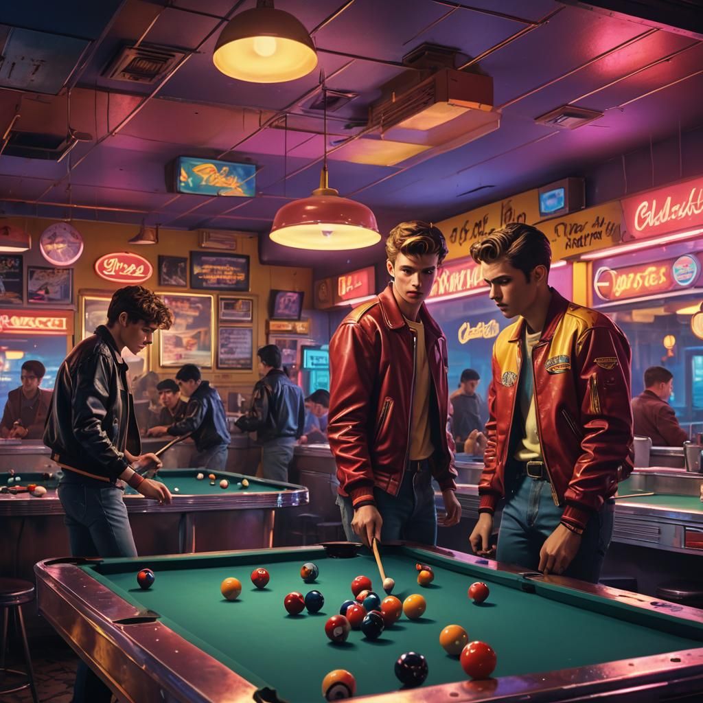 Teenage Boys Play Pool in Retro-Futuristic Diner