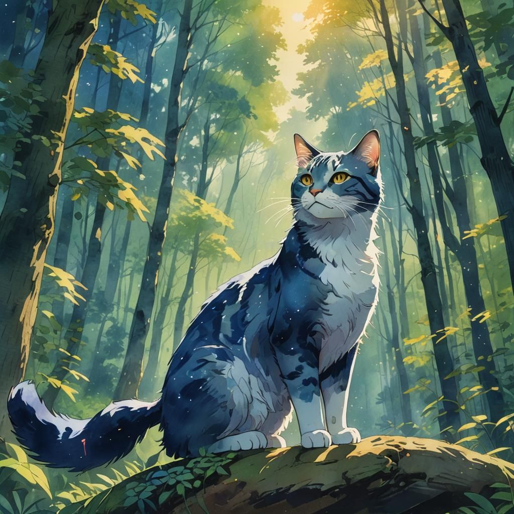 Blue Russian Cat in Forest: Anime Watercolor Art