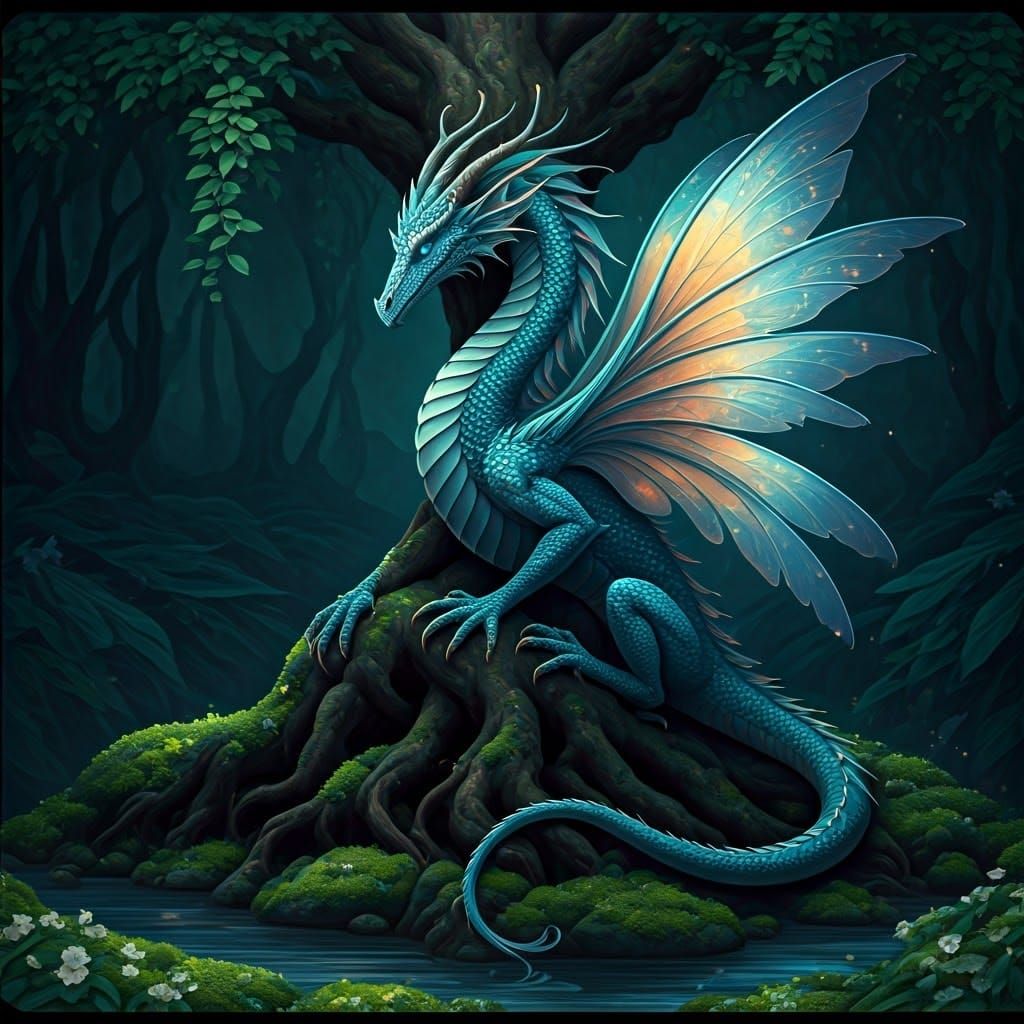Bioluminescent Dragon Embracing Ancient Tree, Art Nouveau