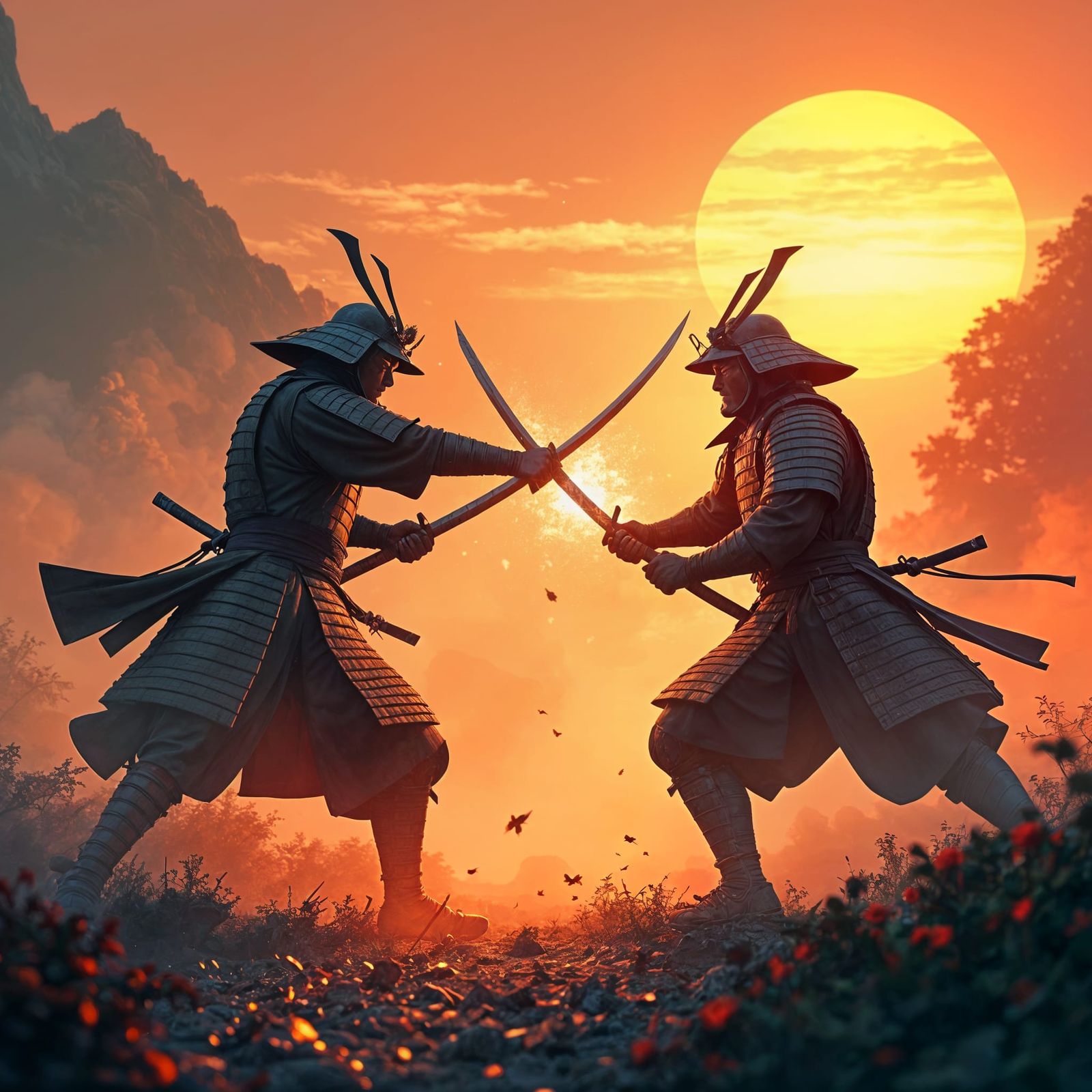 Samurai Battle at Sunset: 3D Anime Art