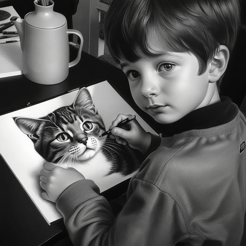 Hyperrealistic Charcoal Drawing of Boy and Cat