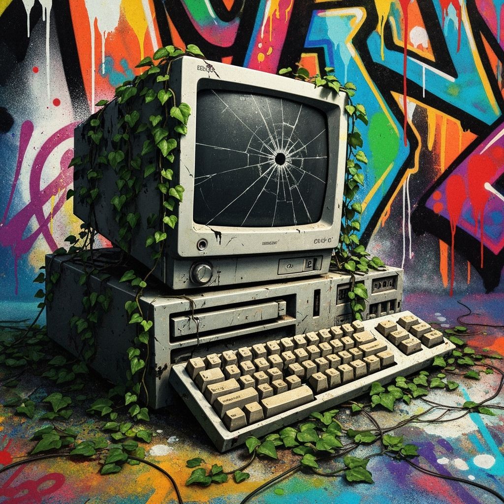 Abandoned Computer Overgrown with Vines, Vibrant Street Art