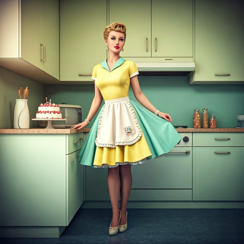 A 3D illustration of a stunningly beautiful woman in a 1950s...