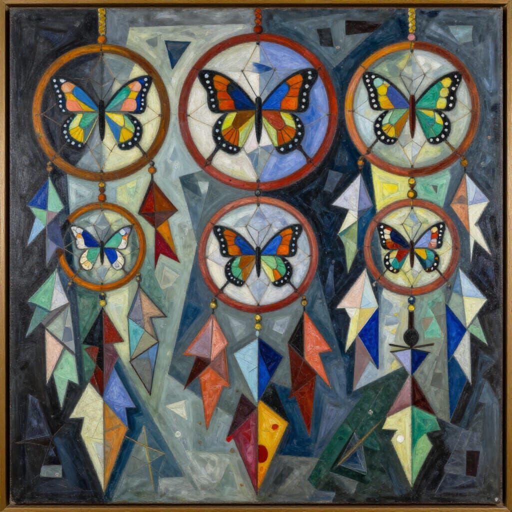 Cubist Dreamcatchers and Butterflies in Bold Geometric Style