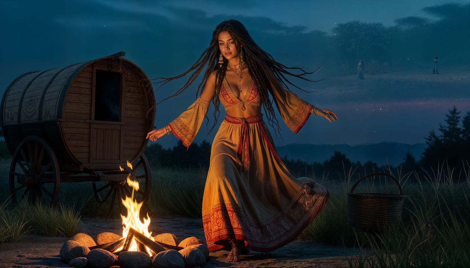 Bohemian Gypsy Dances by Firelight in Encaustic Style